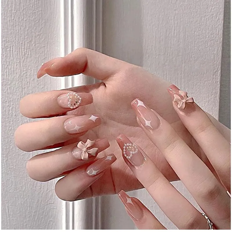 24-Pcs Of Pink With Bowtie Stick Fashion Nails XC-D017