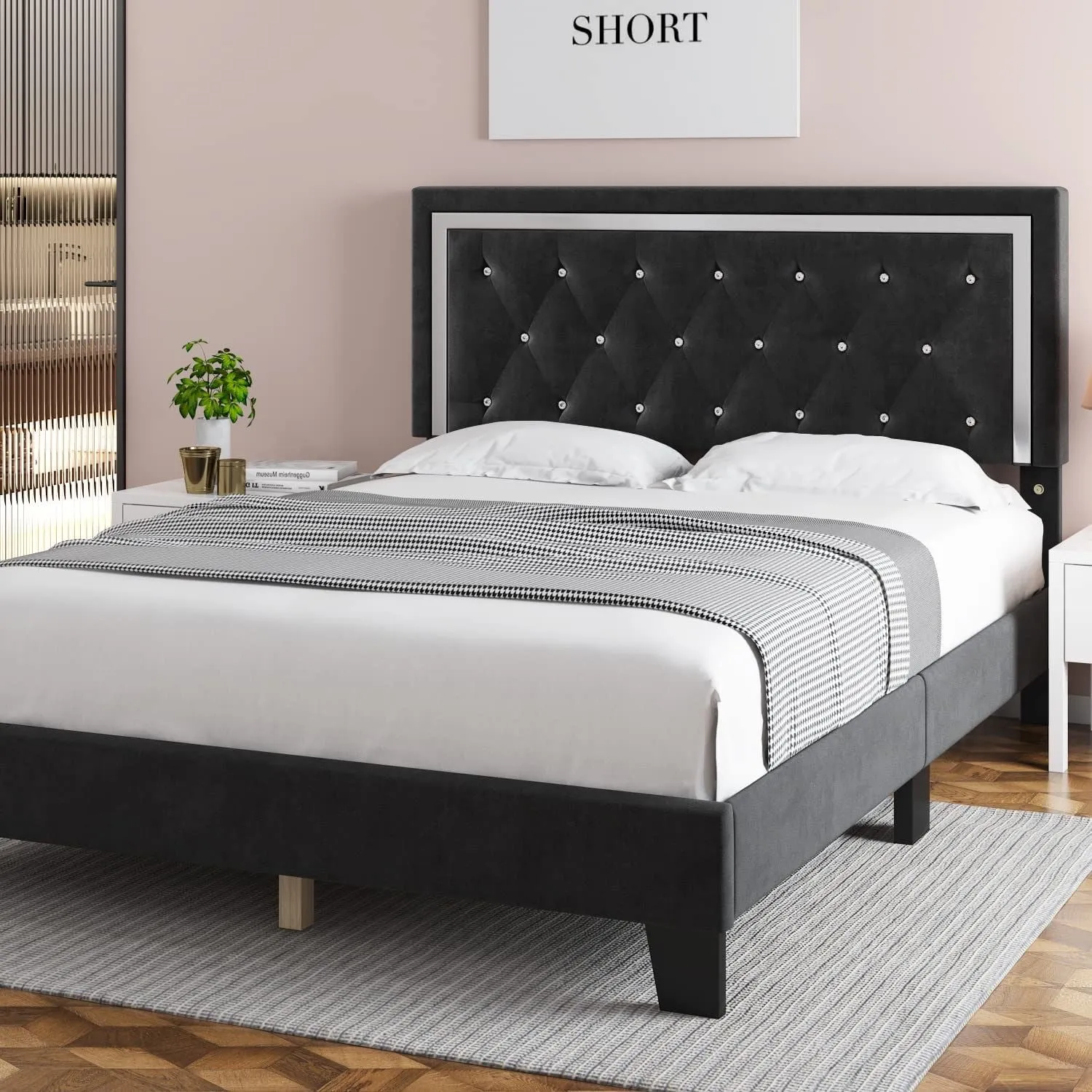 Black Adjustable Headboard Platform Bed With Gems- No Box Spring Required- Double, Queen or King- Model Lane