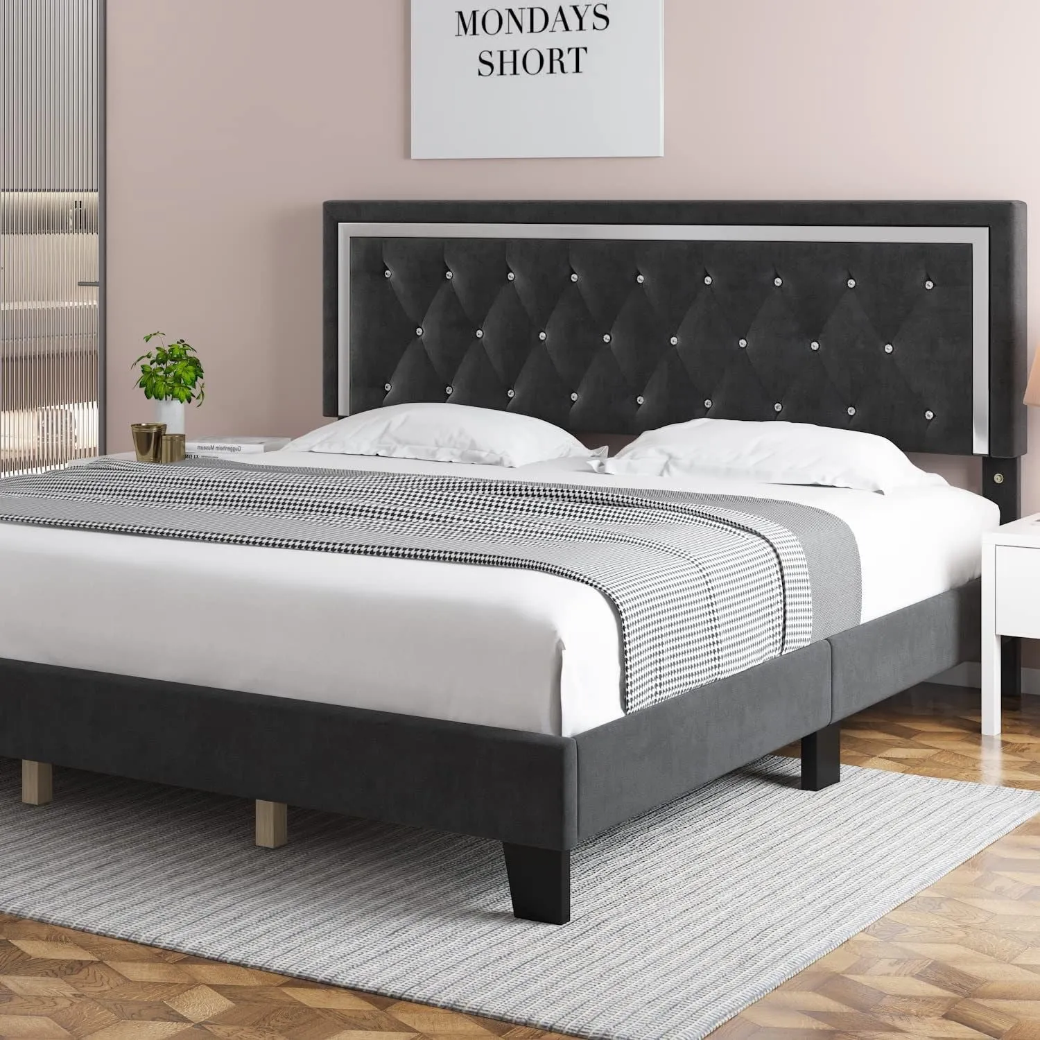 Black Adjustable Headboard Platform Bed With Gems- No Box Spring Required- Double, Queen or King- Model Lane