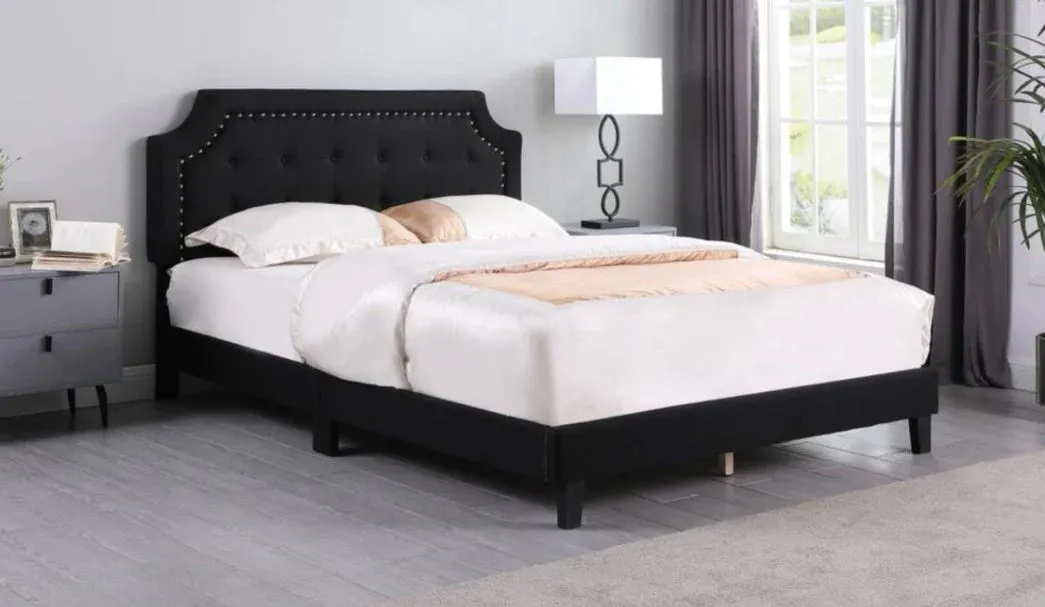 Black Fabric Bed With Adjustable Headboard - No Box Spring Required- Double, Queen or King- Model Rayan