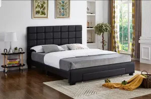 Black Storage Leather Bed With Square Pattern Tufted Headboard & Drawer- Double or Queen- Black- Model #5490