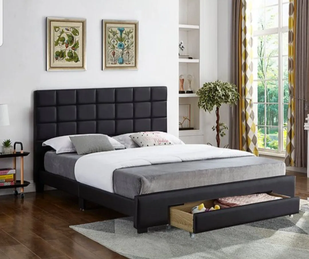 Black Storage Leather Bed With Square Pattern Tufted Headboard & Drawer- Double or Queen- Black- Model #5490