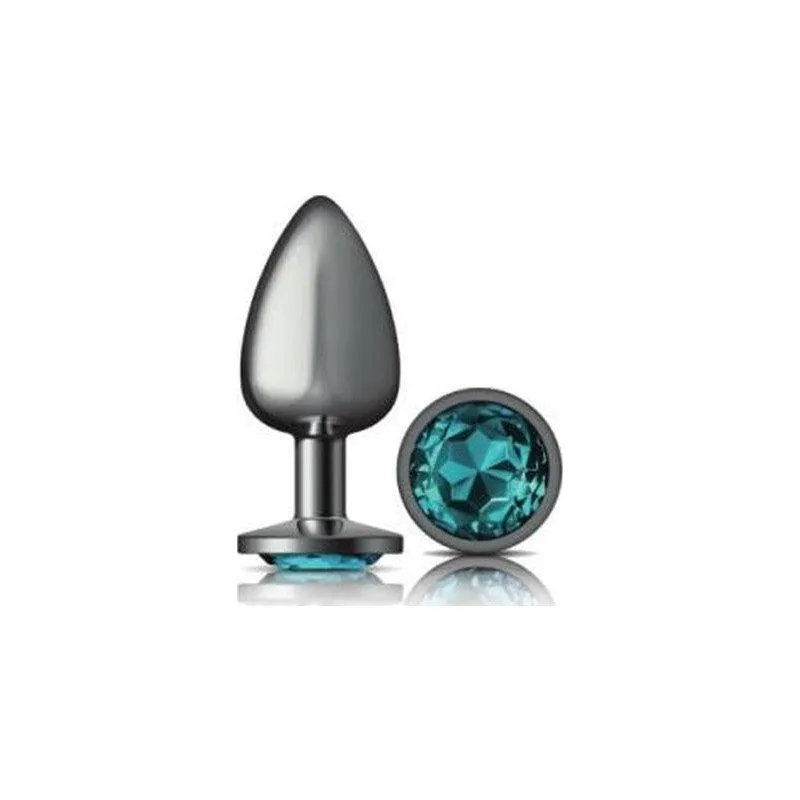 Cheeky Charms Gunmetal Round Butt Plug w Teal Jewel Large