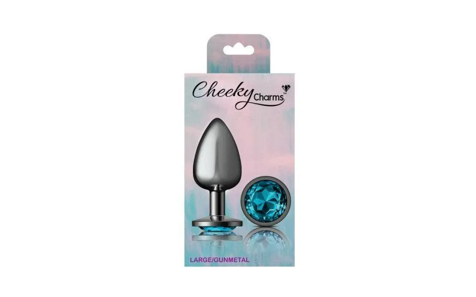 Cheeky Charms Gunmetal Round Butt Plug w Teal Jewel Large