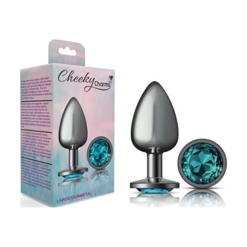 Cheeky Charms Gunmetal Round Butt Plug w Teal Jewel Large