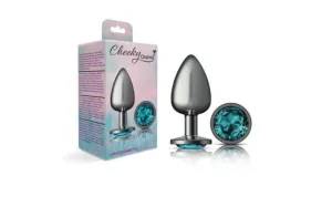 Cheeky Charms Gunmetal Round Butt Plug w Teal Jewel Large