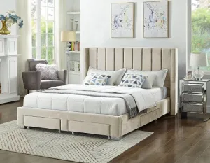 Creme Velvet Winged Storage Bed with Vertical Tufting