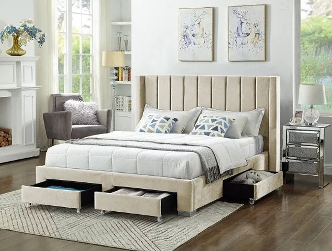 Creme Velvet Winged Storage Bed with Vertical Tufting