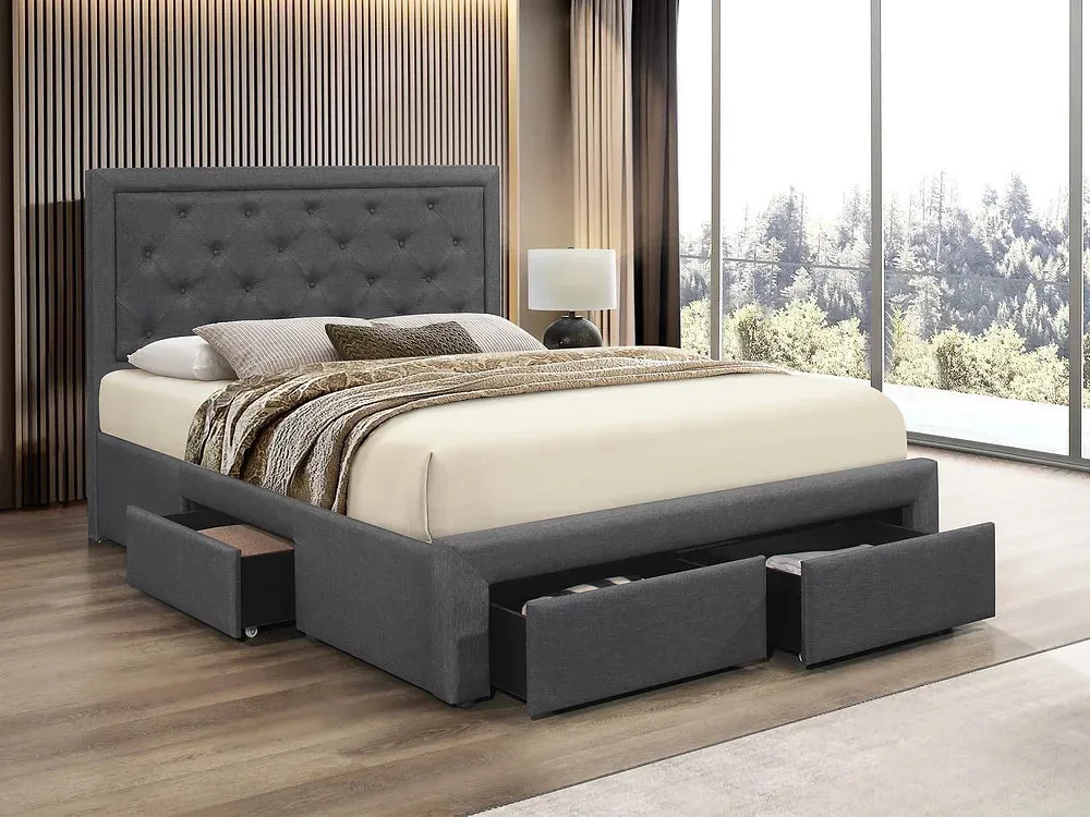 Dark Grey Button Tufted Fabric Storage Bed- Includes 4 Storage Drawers- Double, Queen or King- Model #5295