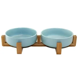 Double Ceramic Pet Bowl with Bamboo Stand