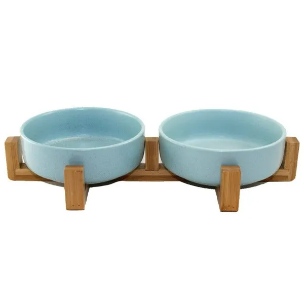 Double Ceramic Pet Bowl with Bamboo Stand