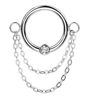 Double Dangle Chain Clear CZ Stainless Steel Hinged Segment Ring