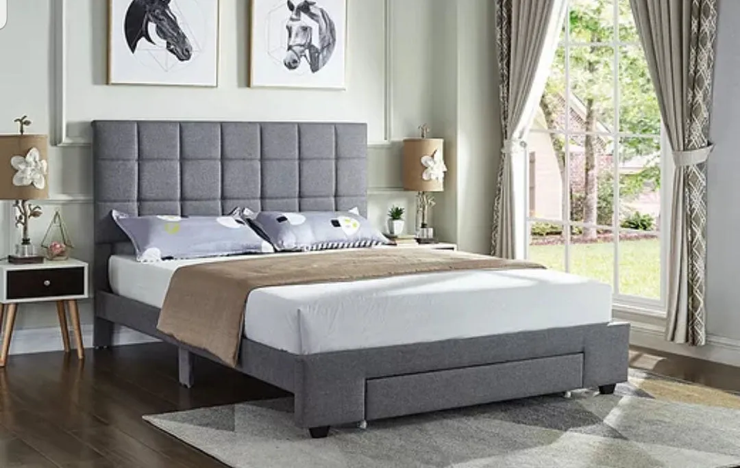 Fabric Storage Bed With Square Pattern Tufted Headboard & Drawer- Grey- Double or Queen- Model #5493