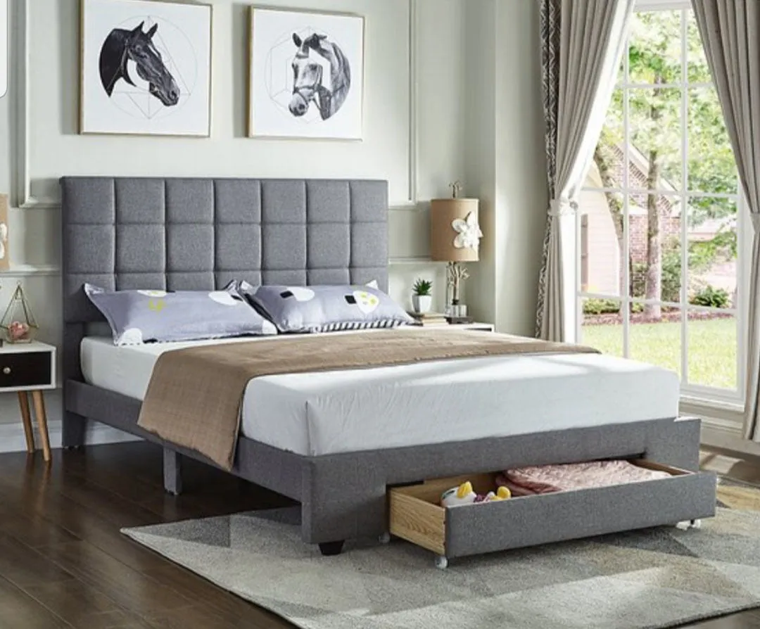 Fabric Storage Bed With Square Pattern Tufted Headboard & Drawer- Grey- Double or Queen- Model #5493