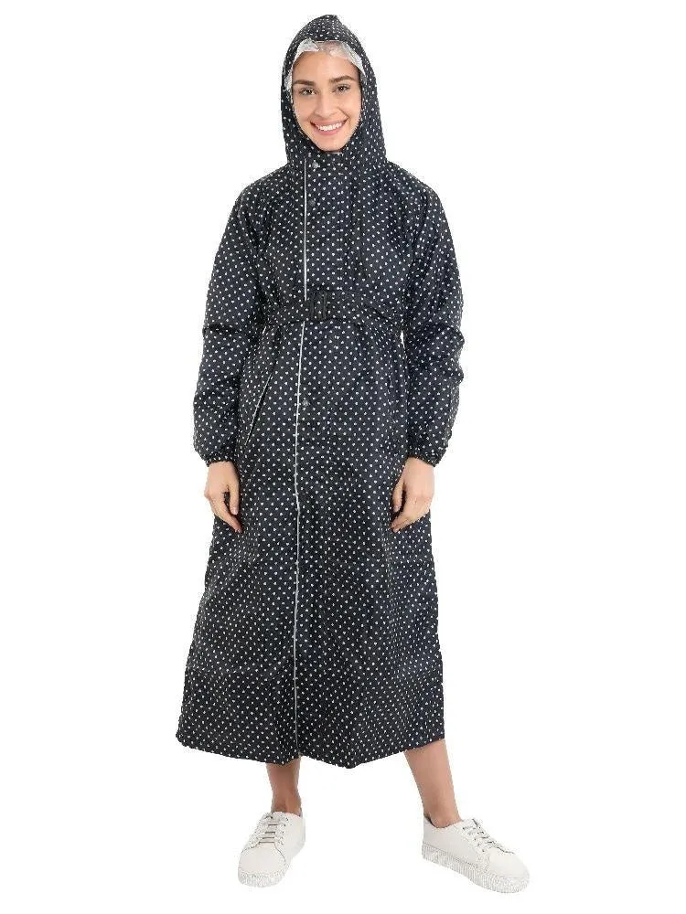 FabSeasons Black Reversible Long Raincoat for women with Hood and Reflector at back