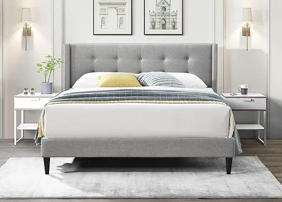 Grey Fabric Platform Bed With Wings- Double, Queen or King - Model #5270