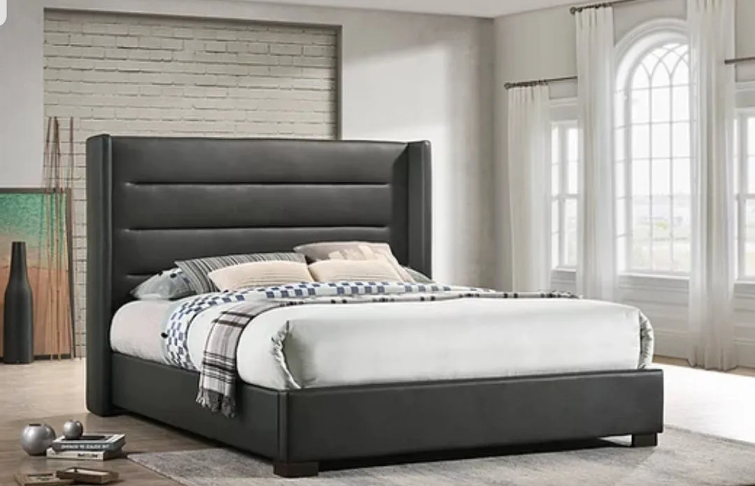 Grey Leather Wing Bed with Horizontal Tufted Panels- Queen or King- Model #5242