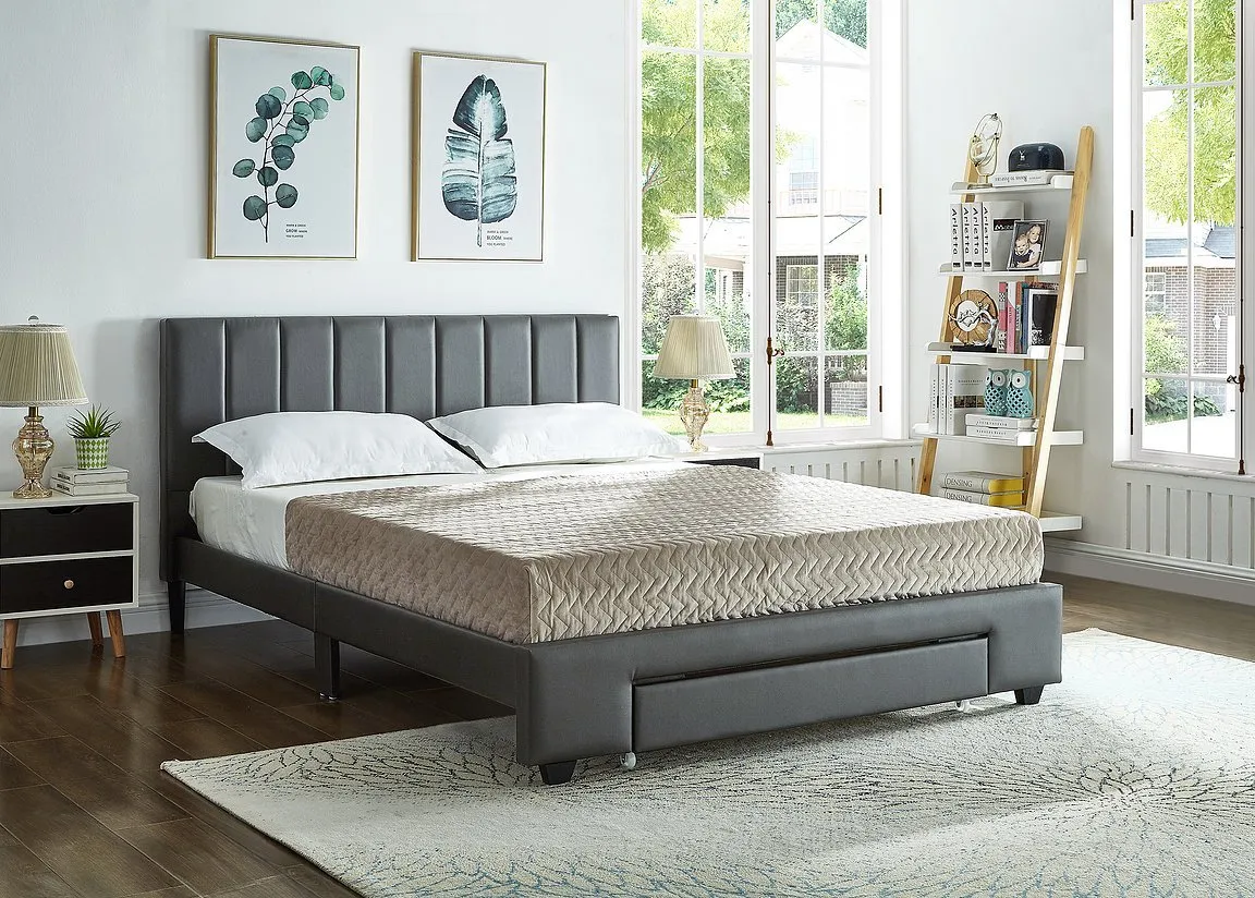 Grey Leatherette Bed with Padded Headboard and Storage Drawer