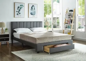 Grey Leatherette Bed with Padded Headboard and Storage Drawer