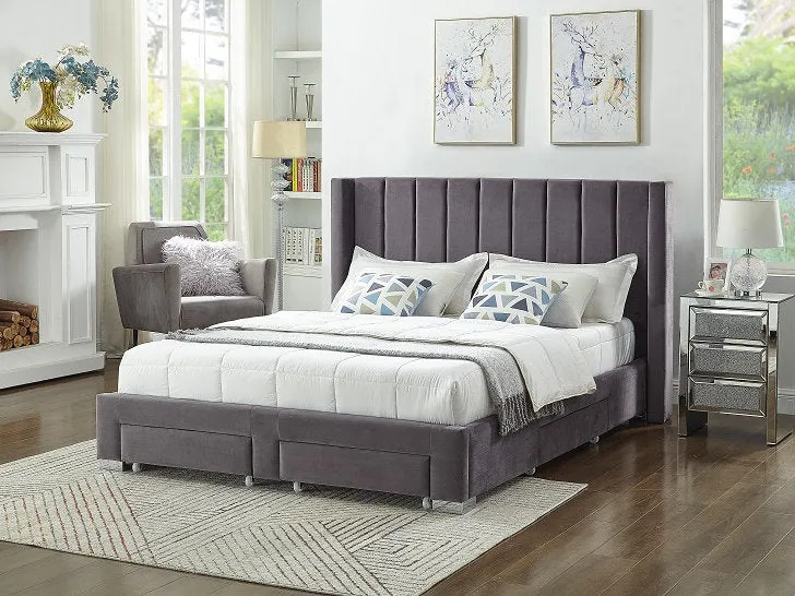 Grey Velvet Fabric Wing Storage Bed- Includes 4 Pull Out Storage Drawers- Model #5310