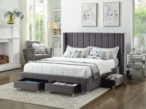 Grey Velvet Fabric Wing Storage Bed- Includes 4 Pull Out Storage Drawers- Model #5310