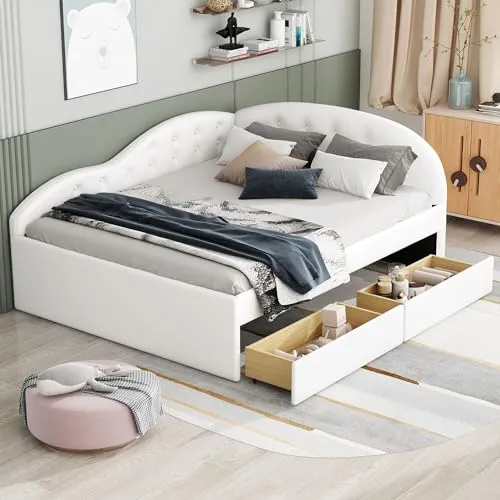 Harper & Bright Designs Full Daybed with Storage,PU Upholstered Tufted Daybed with 2 Drawers and Cloud Shaped Guardrail, Modern Full Storage Bed Sofa Daybed for Bedroom, Living Room,White