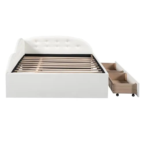 Harper & Bright Designs Full Daybed with Storage,PU Upholstered Tufted Daybed with 2 Drawers and Cloud Shaped Guardrail, Modern Full Storage Bed Sofa Daybed for Bedroom, Living Room,White