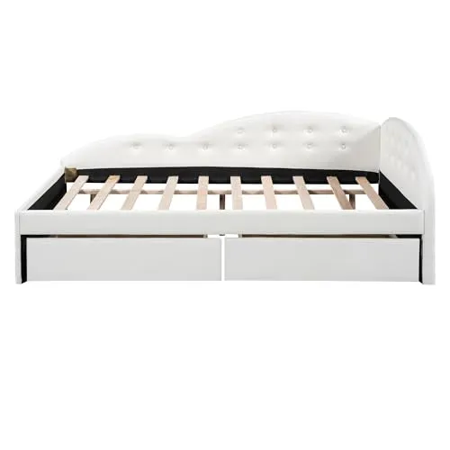 Harper & Bright Designs Full Daybed with Storage,PU Upholstered Tufted Daybed with 2 Drawers and Cloud Shaped Guardrail, Modern Full Storage Bed Sofa Daybed for Bedroom, Living Room,White