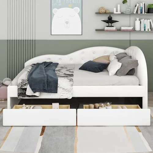 Harper & Bright Designs Full Daybed with Storage,PU Upholstered Tufted Daybed with 2 Drawers and Cloud Shaped Guardrail, Modern Full Storage Bed Sofa Daybed for Bedroom, Living Room,White