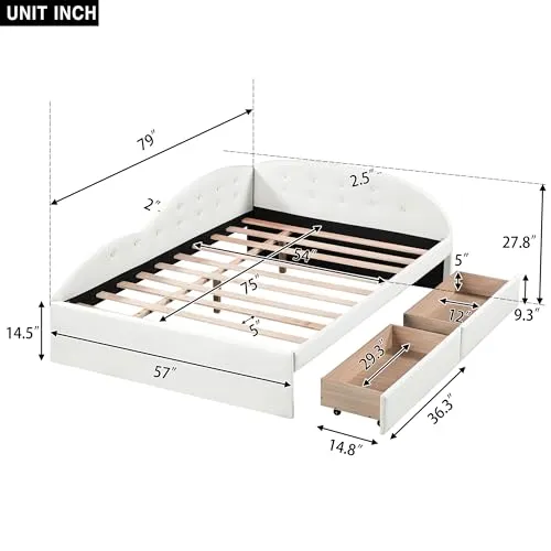 Harper & Bright Designs Full Daybed with Storage,PU Upholstered Tufted Daybed with 2 Drawers and Cloud Shaped Guardrail, Modern Full Storage Bed Sofa Daybed for Bedroom, Living Room,White