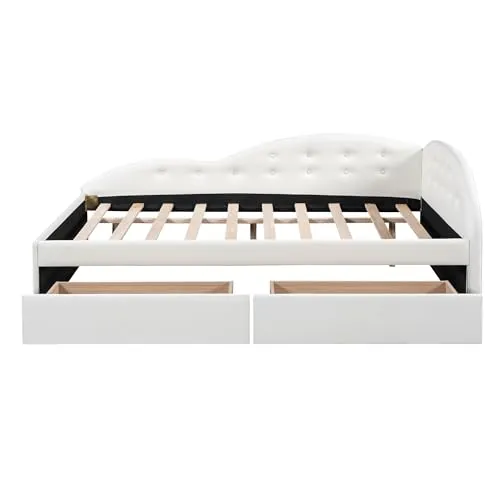 Harper & Bright Designs Full Daybed with Storage,PU Upholstered Tufted Daybed with 2 Drawers and Cloud Shaped Guardrail, Modern Full Storage Bed Sofa Daybed for Bedroom, Living Room,White