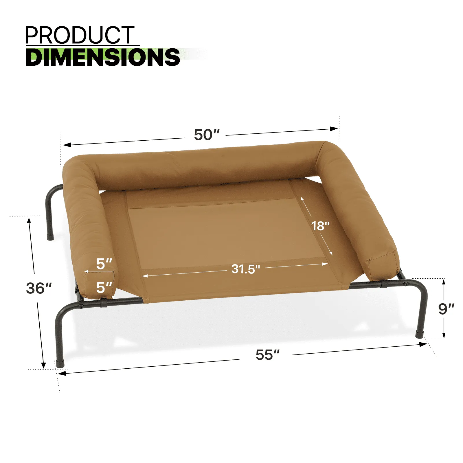 Magshion Cooling Elevated Dog Bed with Pillows, 55" Portable Washable Raised Dog Cot with No-Slip Rubber Feet for Indoor & Outdoor Use, Extra Large, Light Brown