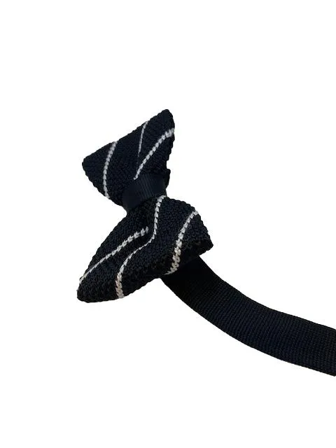 Mens Black with Thin White Stripe Knitted Bow Tie