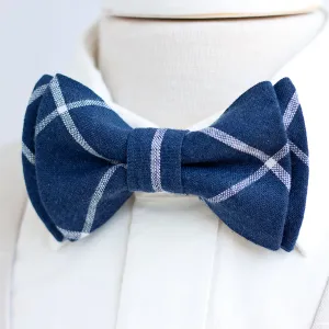 Men's Pre-Tied Bow Tie / Navy Linen Window Pane