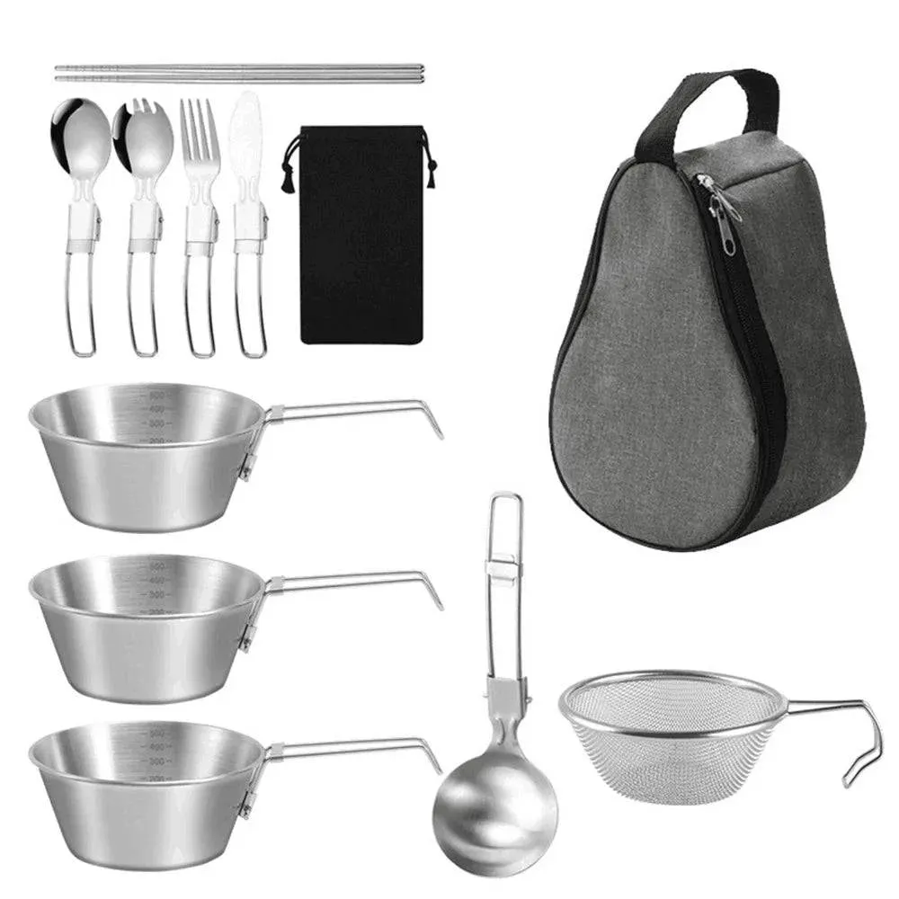 Outdoor Cookware Set 500ml Stainless Steel Camping Bowl with Strainer Ladle Soup Spoon Flatware