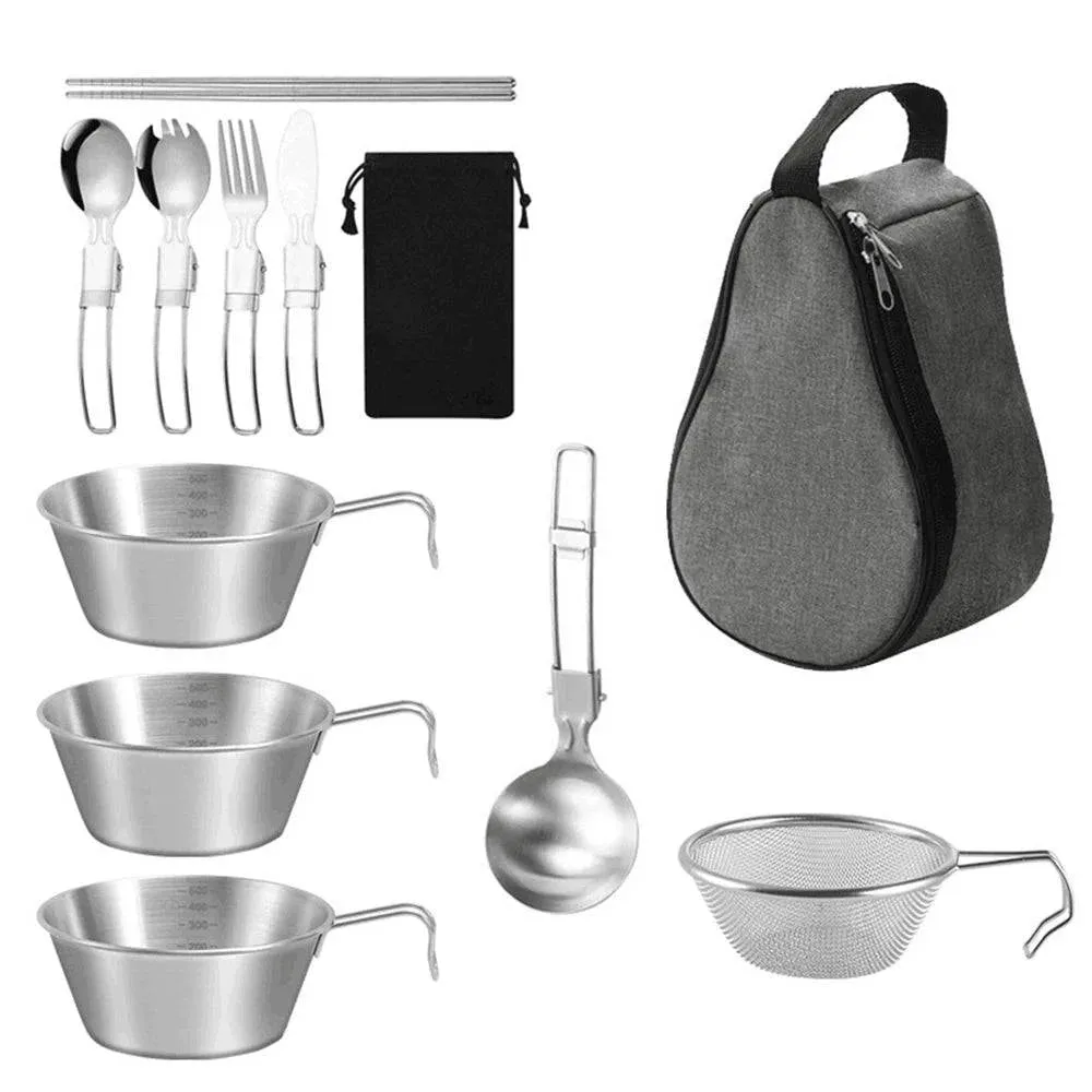 Outdoor Cookware Set 500ml Stainless Steel Camping Bowl with Strainer Ladle Soup Spoon Flatware