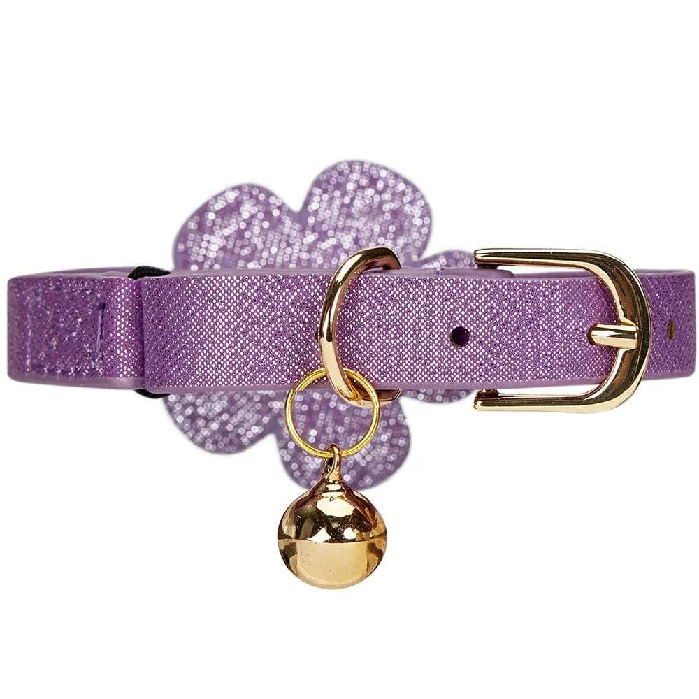 Perfect-fit Glistering PU Leather Cat Collar with Bell and Flower